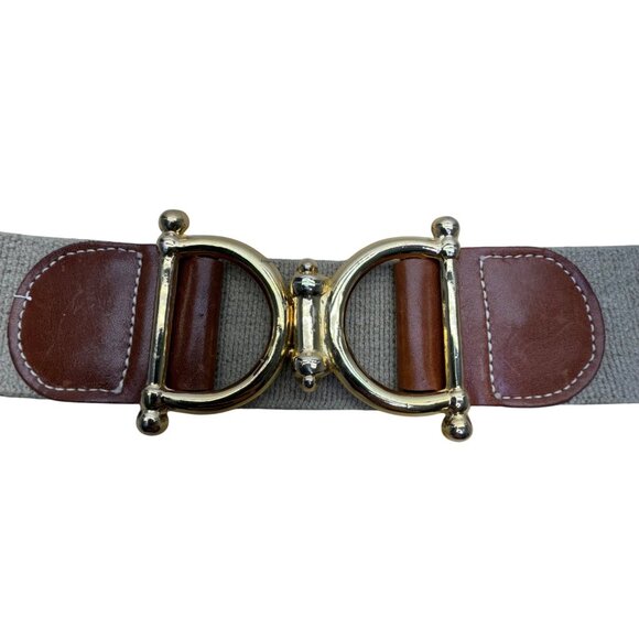 Elastic Belt Gold Accents Leather Trim Adjustable Beige & Brown Colorway S/M - Picture 2 of 6